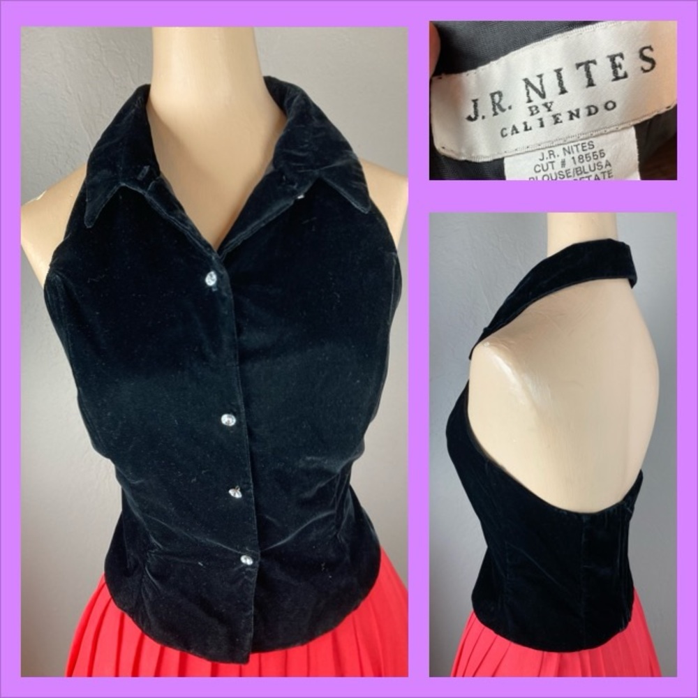 Vintage J.R. Nites Black Velvet Boned Bodice - Collared Halter Top Blouse - M/L